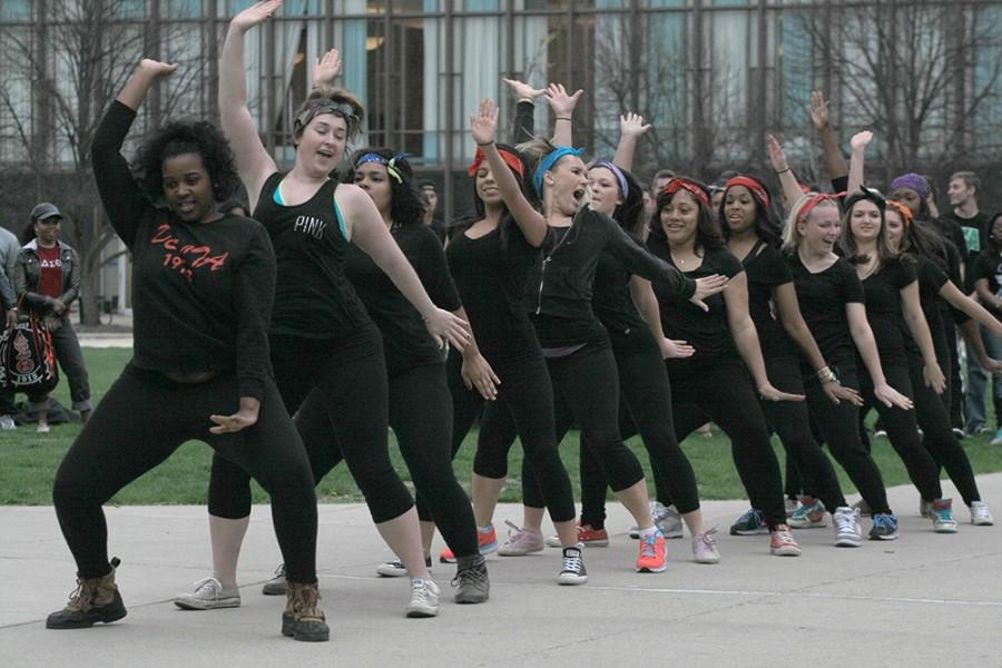 Members of Greek organizations participate in the Unity Stroll on April 15, 2015 In front of the Doudna Steps on the library quad.