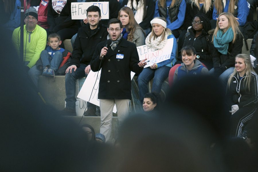 Junior political science major Austin Mejdrich addresses those assembled at the FundEIU rally on Feb. 5 on the Library Quad.