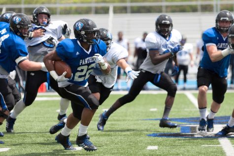 ed-shirt senior running back Korliss Marshall had 125 yards between receptions and carries during the Panther football team's scrimmage game on Saturday at O'Brien Field. The defense defeated the offense 26-20.