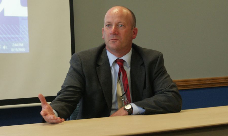 Police chief candidate Kent Martin, who has been serving as interim chief of the University Police Department since June, speaks at an open interviewing session in the Martinsville Room of the Martin Luther King Jr. University Union. Martin addressed how he would outreach to the campus and Charleston community during this session.