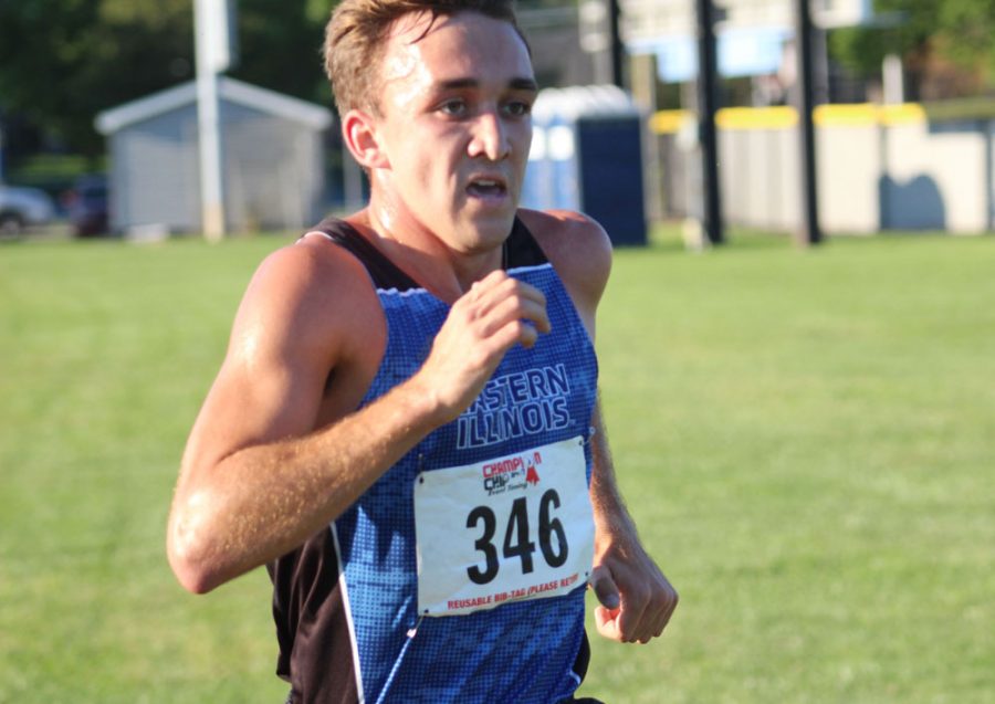 Senior Tyler Yunk runs the final stretch of the EIU Walt Crawford Open. Yunk was the top Eastern men’s finisher.