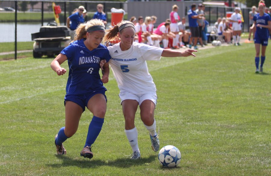 Junior Midfielder Ali Carlson fights for position Sunday against Indiana State at Lakeside Field. The Panthers lost 2-0 to bring their season record to 1-4.