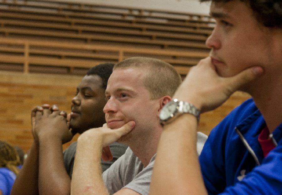 Demarco Owens, a sophomore family and consumer sciences major, John Becker, a senior family and consumer sciences major and Kyle Callahan, a freshman Kinesiology and Sports Studies major represent Weller Hall while awaiting the next question for the history portion of the ROC Fest Trivia Contest.