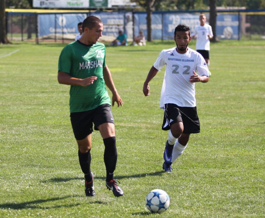 Sophomore Julian Montoya chases after the loose ball on Sunday, Sept. 4 at Lakeside Field agaisnt the Marshall Thundering Herd. Marshall defeated Eastern 1-0 in the match.