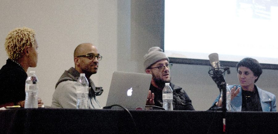 Rehema Barber, Samuel Levi Jones, jc Lenochan and Cheryl Pope sit in on Tarbles Artists-in-Dialogue panel to discuss the content in their artwork and their experiences in the field. art from Jones, Lenochan and Pope are featured in Tarbles exhibit A Dark Matter.