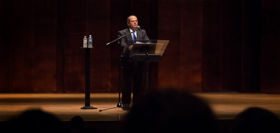 President David Glassman speaks of the negative impact on Eastern’s reserve funds due to low enrollment and the state’s inability to pass a budget this past fiscal year during the State of the University Address in the Dvorak Concert Hall of the Doudna Fine Arts Center Wednesday.