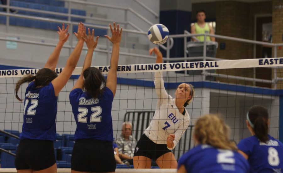 Sophomore outside hitter Taylor Smith kills the ball against Drake Friday night at Lantz Arena. The Panthers lost the match, 3-1.