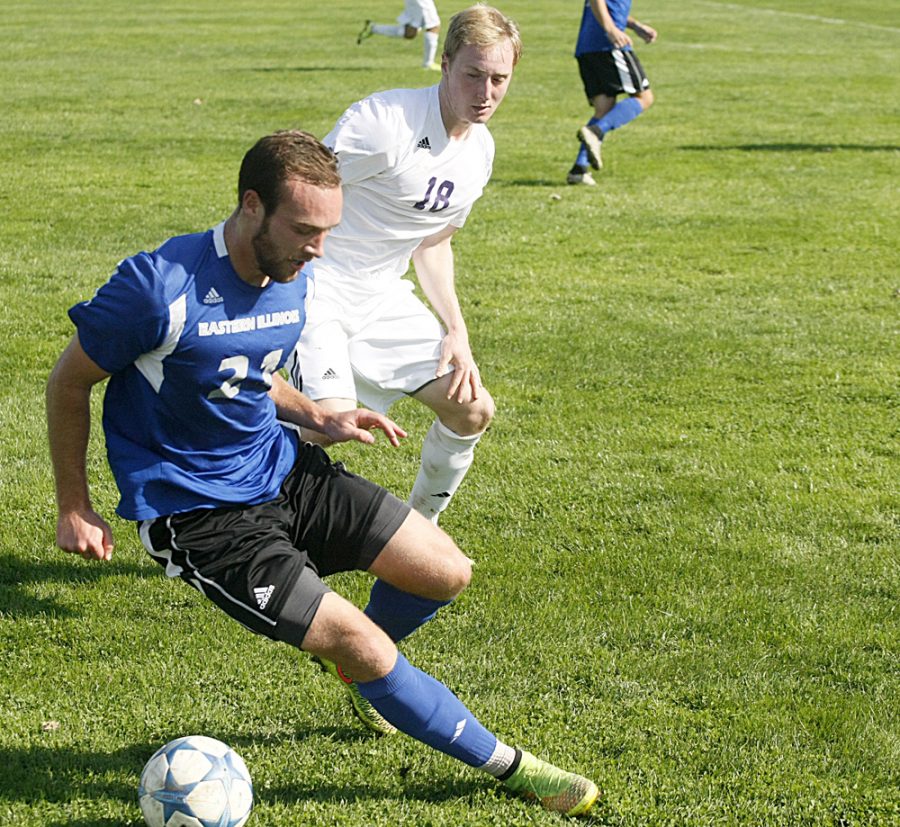 Senior Davis Wegmann fights for ball control with Western Illinois defender Jamison Kozar Saturday at Lakeside Field. The Panthers defeated the Leathernecks 2-0 for their third win in a row.