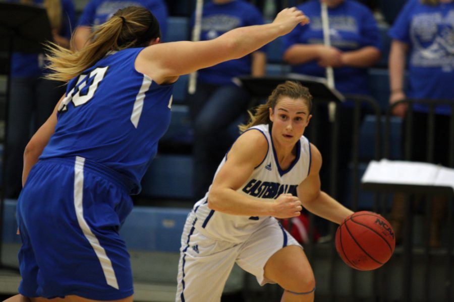 Junior guard Grace Lennox attempts to dribble around a Millikin defender during the Panthers’ 97-54 win over Millikin Friday in Lantz Arena.