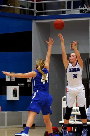 Freshman guard Allison Van Dyke pulls up for a 3-pointer against Millikin Friday night in Lantz Arena. The Panthers won 97-54.