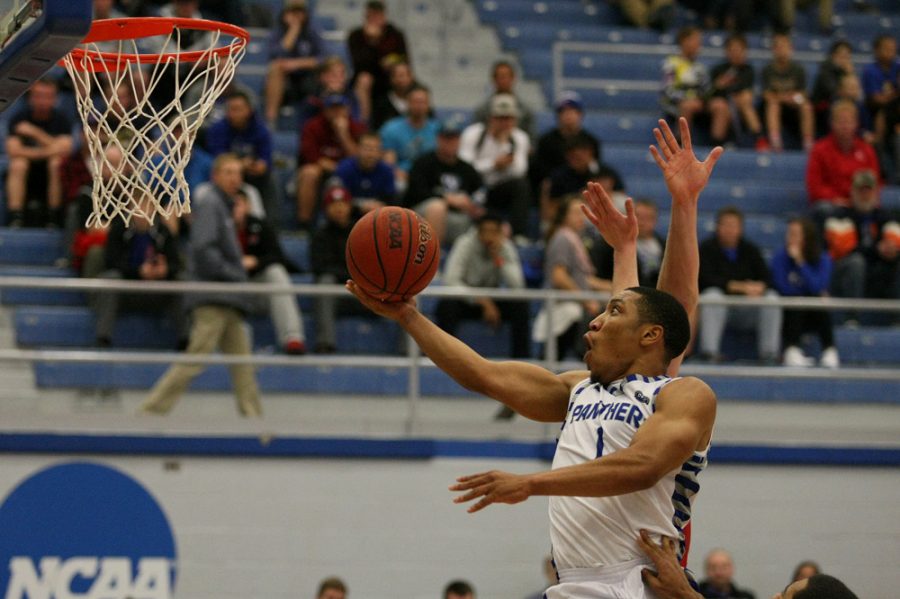 Senior Demetrius McReynolds goes up for a layup Tuesday against Bradley at Lantz Arena. McReynolds led all scorers with 25 in the Panthers 87-83 loss to the Braves.