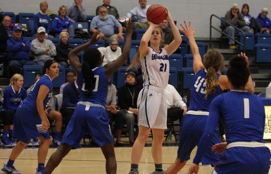 Sophomore Halle Stull attempts a shot against four Indiana State defenders Monday in Lantz Arena in the Panthers 88-61 loss.