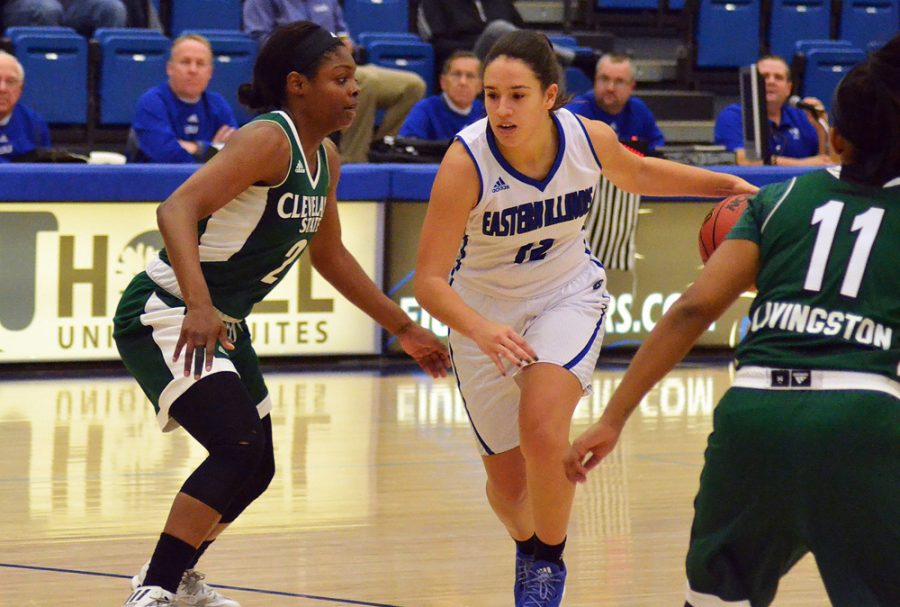 Sophomore Carmen Tellez dribbles the ball out on the top of the key Wednesday against Cleveland State. Tellez scored 12 points on a 4-for-9 effort from beyond the arc in the Panthers' 66-56 loss.
