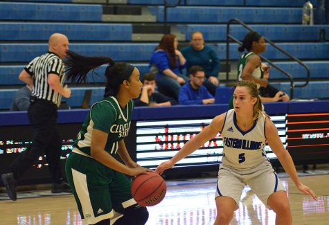 Junior guard Grace Lennox defends against a Cleveland State’s Khayla Livingston Wednesday in Lantz Arena. The Panthers lost 66-56, and Lennox led the Panthers with 15 points.