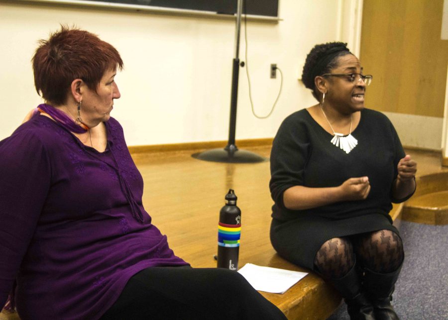 Jeannie Ludlow, a professor of womens studies and Yolanda Williams, an academic advisor answer questions on abortion at the discussion after the viewing of the film Silent Choices. Williams addresses how the issues affect to African American community. 
