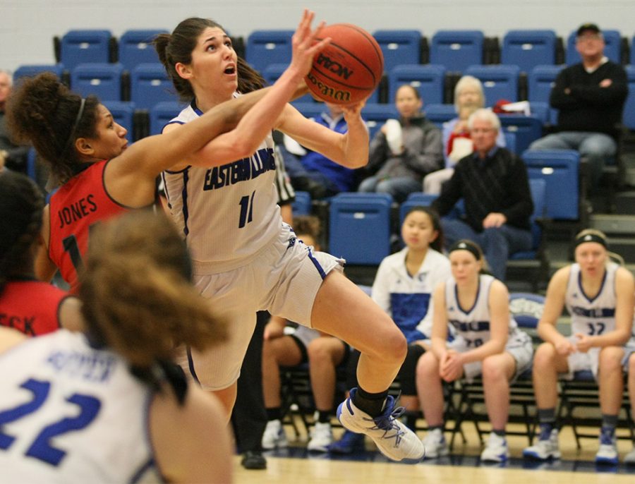 Senior Erica Brown gets fouled by a SIUE defender late in the second half.