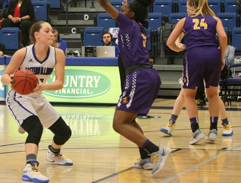 Freshman guard Allison Van Dyke looks to get a pass around a Tennessee Tech defender Saturday at Lantz Arena. The Panthers won 54-46 in the OVC conference matchup.
