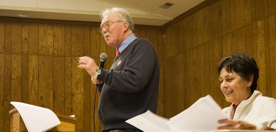 Master of Ceremonies Matt Piescinski asks a trvia question Saturday at a trvia contest hosted by the Society of St. Vincent de Paul. The contest was held at St. Charles Borromeo Church. “What was the make of Dr. Emett Brown’s car in ‘Back to the Future?’” Piescinsk said.