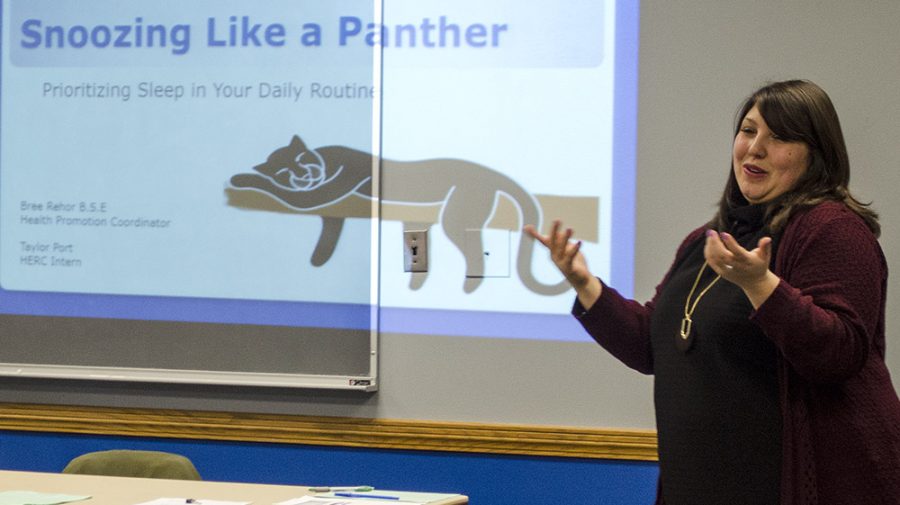 Bree Rehar, health promotions coordinator at Health Education Resounce Center kicks off the “Snoozin’ Like a Panther” seminar in the Martinsville room in the Martin Luther King Jr. Union Monday. She educated students on how thier enviroment and health habbits can affect their sleep and then inturn their grades.