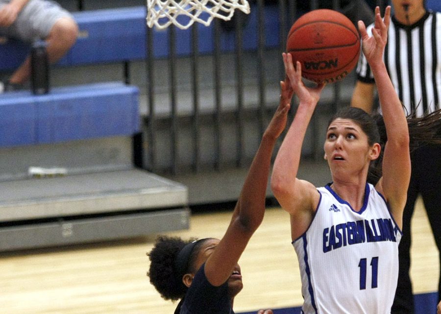 Senior forward Erica Brown takes a shot in the first half of her final home game at Lantz Arena on Wednesday. Brown finished with 23 points and 14 rebounds in the Panthers’ 66-57 loss to Murray State.