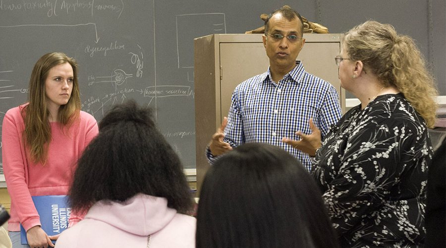 Dr. Britto Nathan, biological science professor, shows admitted students his lab in the Life Sciences building Monday morning. Nathan explains how he does experiments with students and typically examines the brain. Parents and students were given a chance to ask about Nathan’s research experience with Alzheimers disease.