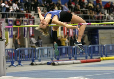 Junior Haliegh Knapp clears the height of 5’11” 1/4 inches. This jump won Haliegh the meet as well as setting a facility and conference record. “I was real happy with it because I have been having a rough season but I knew what I needed to do for my team.” Knapp said after the jump.