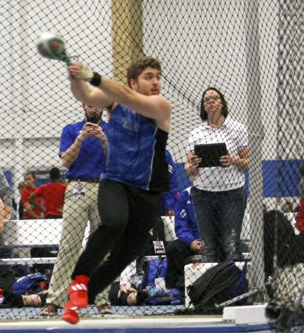 Senior Riley Kitterage makes his toss in the Men’s Weight Throw. His throw of 58 feet puts him 8th on the all-time EIU best list, it also earned a 3rd place finish for the meet. Kitterage said “For not throwing for a month and a half I thought it was pretty good. I have been uping my weight regiment for in preparation for this meet and I am glad it paid off.”