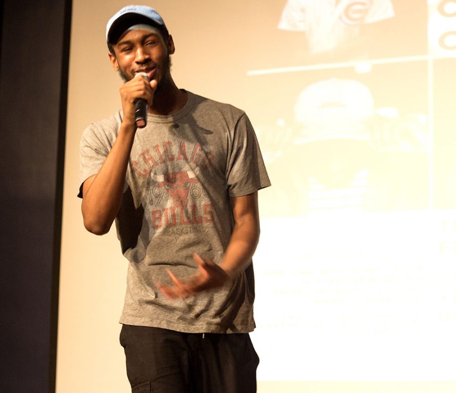 Ausar Bradley, a University of Illinois student performs his song Lucid during A Taste of Chicago which features pieces from artists from Chicago on thursday night in The Grand Ball room.