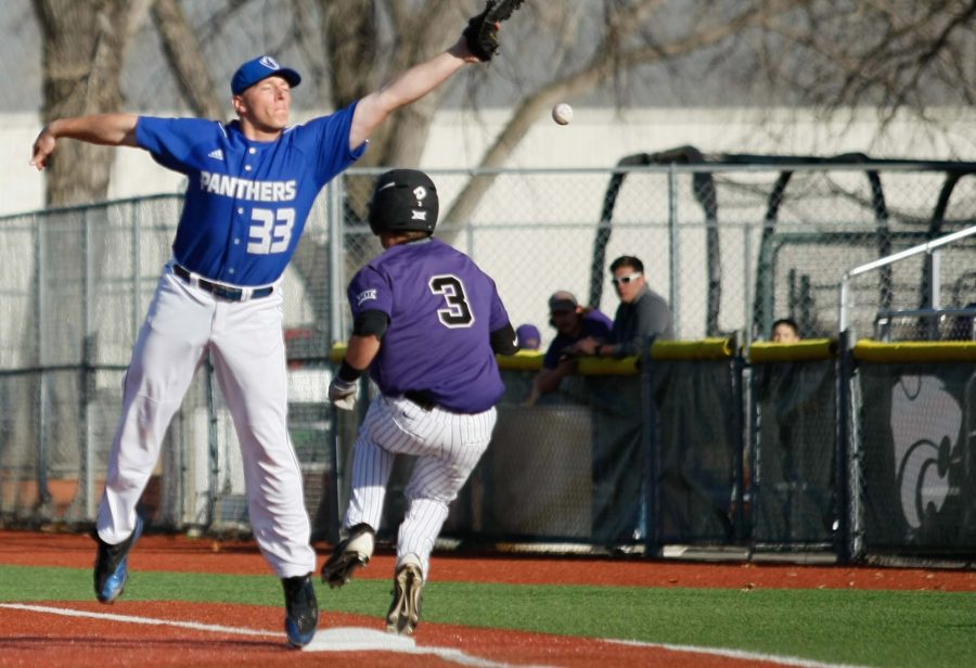 An errant throw gets past junior Matt Albert in the fourth inning of Saturday’s 12-11 loss to Kansas State. Five Panther errors proved costly in the walk-off loss at Tointon Family Stadium in Manhattan, Kan.