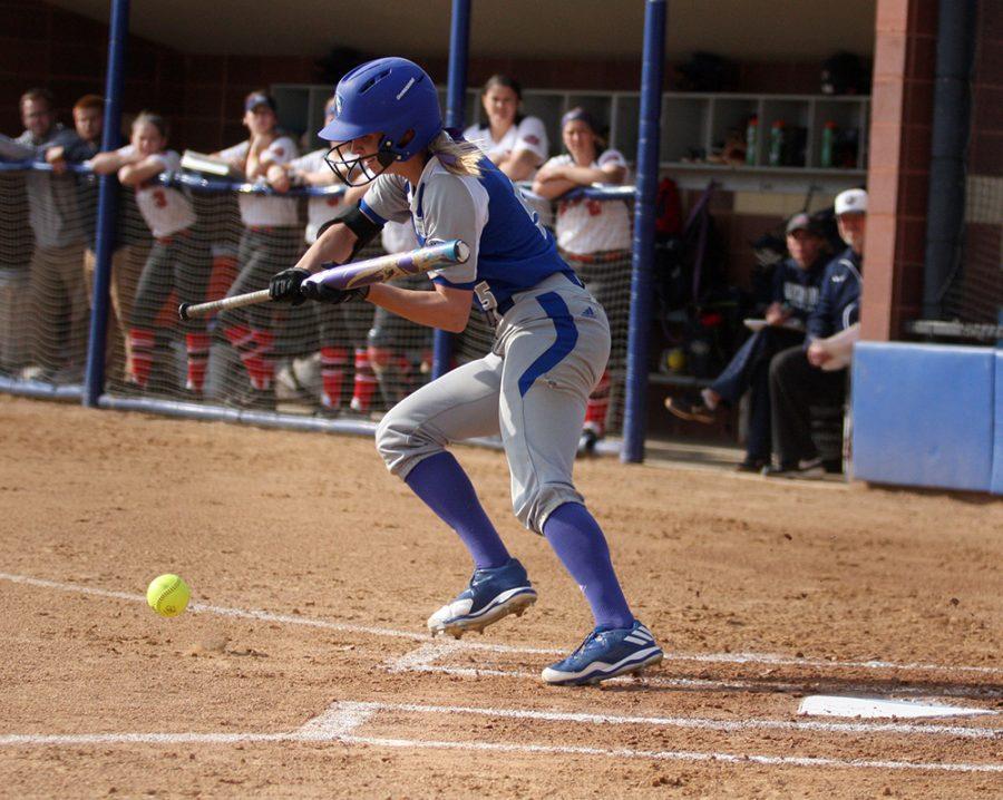 Junior Taylor Monahan lays down a bunt in the Panthers win against Tennessee State Sunday. She is second on the team in stolen bases.