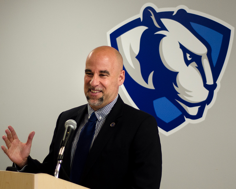 Newly+introduced+womens+basketball+coach+Matt+Bollant+addresses+a+crowd+of+Panther+supports+and+members+of+the+media+Monday+afternoon+in+Lantz+Arena.