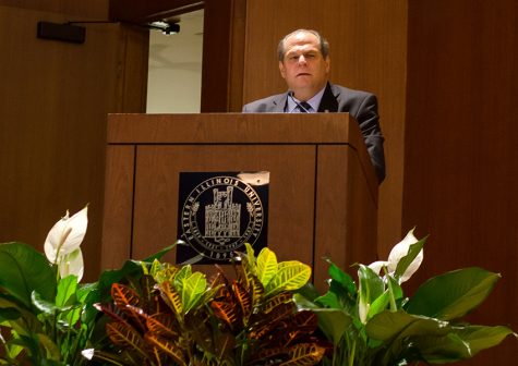 Eastern President David Glassman welcomes those in attendence to the memorial service for Byron Edingburg Wednesday in the Grand Ballroom of the Martin Luther King Jr. Union.