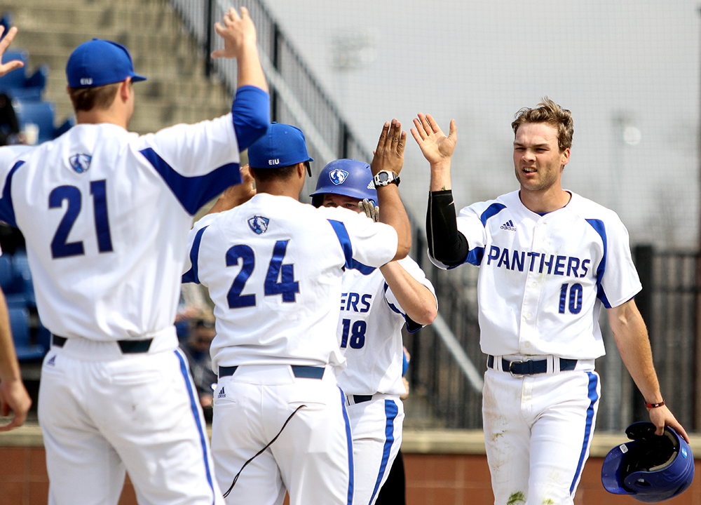 Junior Joseph Duncan is congratulated by teammates after hitting a home run Friday, March 24 at Coaches Stadium. Duncan finished the recent weekend series at Morehead State going 5-13 with 3RBIs and 5 runs scored.