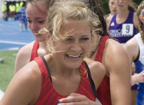 Senior Chelsea Paulek celebrates as a three-time, class 1A, 4x800 meter relay state champion from Deer Creek – Mackinsaw High School.