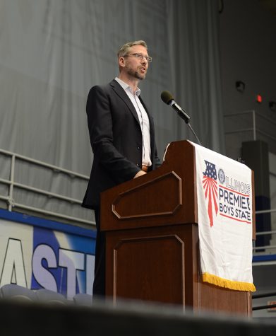 Illinois Treasurer Michael Frerichs gives a speech to the participants of the Illinois Premier Boys State conference Thursday in Lantz Arena. Frerichs talked about his time spent as a member of Boys State and gave audience members advice on how to be a leader.