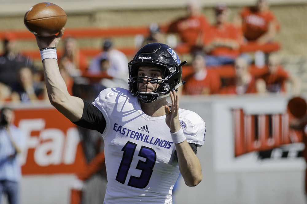 Senior quarterback Mitch Kimble attempts a pass during the first half of the Panthers’ 24-21 win over Illinois State Saturday, Sept. 17 at Hancock Field in Normal. The Panthers will lean on Kimble this year to guide the team after injuries limited his playing time in 2016. The QB completed 112-of-190 pass attempts for 1,414 yards and 13 TDs in only seven games last season.