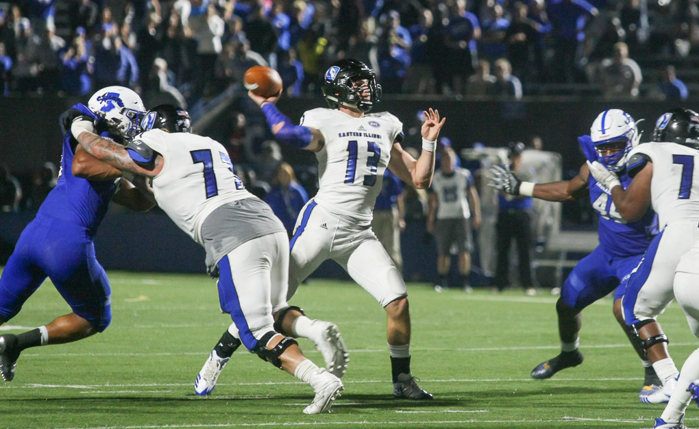 Quarterback Mitch Kimble delivers the game-winning pass during the fourth quarter of the Panthers’ 22-20 win over the Indiana State Sycamores at Memorial Stadium.