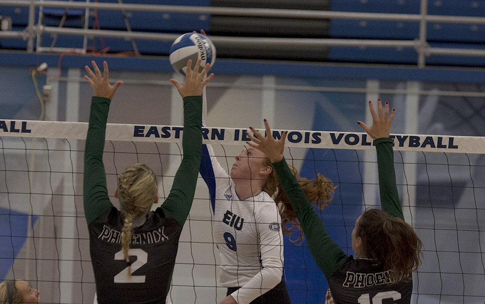 Senior Allie Hueston goes up for the kill in the Panthers’ 3-2 loss to Green Bay Saturday in Lantz Arena. Hueston tallied 26 kills in the three matches over the weekend. Hueston had a personal tournament high of 12 kills in the Panthers’ five-set win againt Memphis.