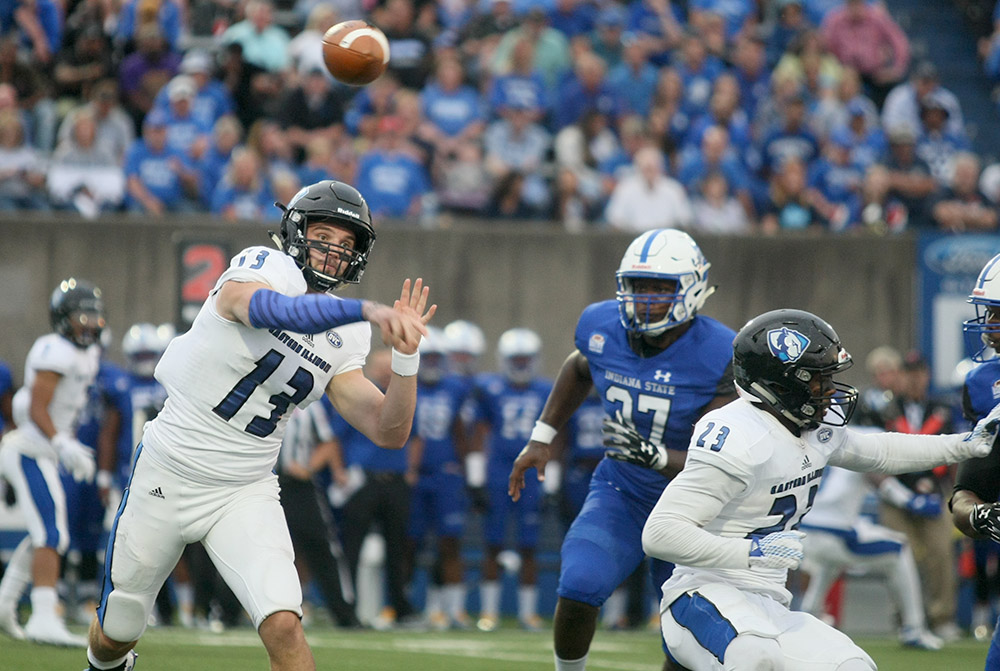 Redshirt senior quarterback Mitch Kimble throws a pass in the Panthers’ 22-20 win over Indiana State in the season opener. The Panthers host Souteast Missouri for their first OVC game of the season.