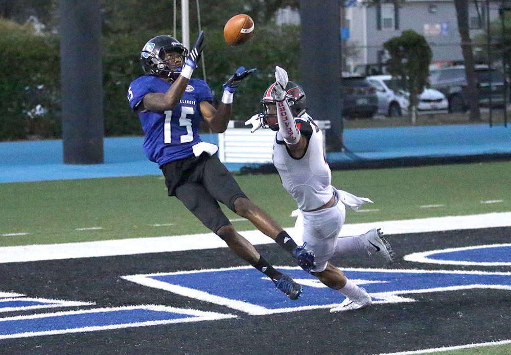 Alexander Hollins, 15, jumps up for the football for a touchdown against Southeast Missouri. The Panthers won their OVC opener 19-16 Saturday night at O’Brien Field.