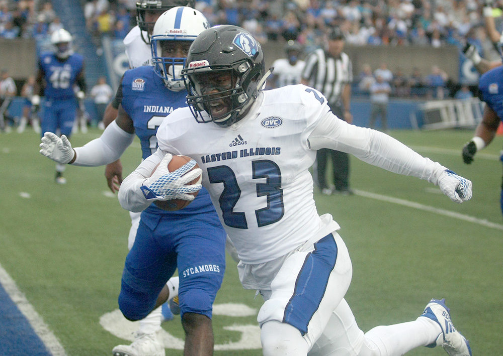 Junior running back Isaiah Johnson runs in for a touchdown in the Panthers’ season-opening win at Indiana State Aug. 31. Eastern plays at Northern Saturday.
