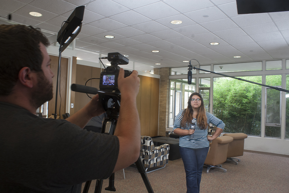 Brent Mann, a videographer for MTVU, tapes Jessica Stewart, a freshman music education major, as she auditions to be a video jockey for MTVU. Students will have another chance to audition from 11 a.m. to 3 p.m. on Oct. 3 in Taylor Hall. MTVU will announce the newest video jockey by Oct. 31.