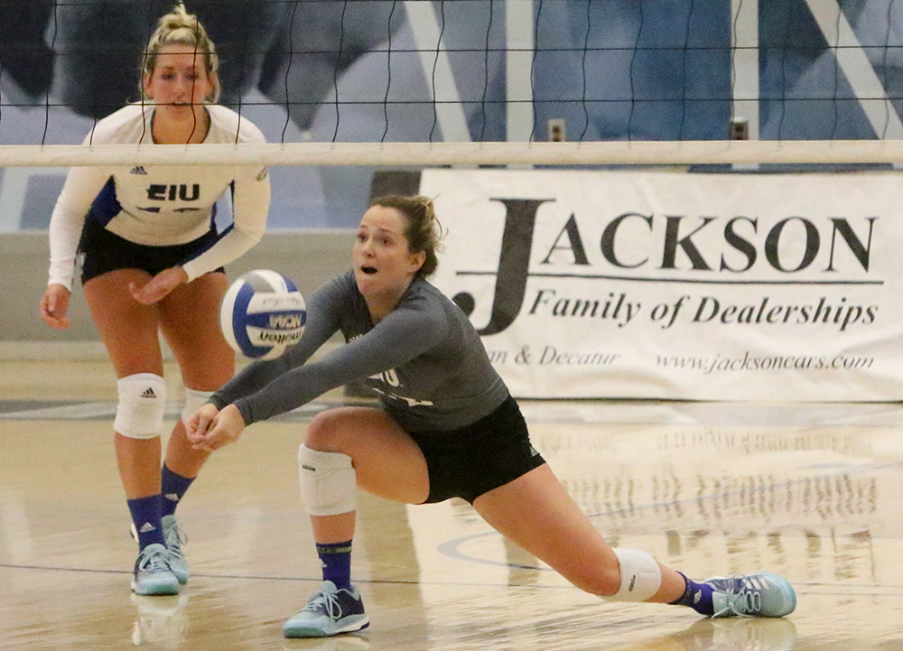 Redshirt sophomore Anne Hughes digs the ball in the Panthers’ 3-0 win against Alabama A&M Friday in Lantz Arena. Hughes was named OVC Defensive Player of the Week.