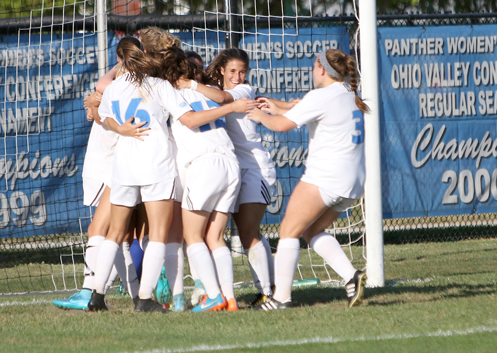 The women’s soccer team celebrates a goal in the Panthers’ 3-2 double OT win over Fort Wayne Sept. 8. Eastern has its OVC opener at home Sunday afternoon.
