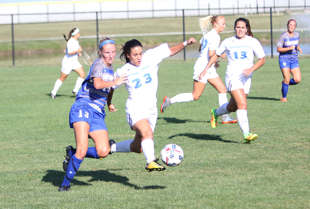 Pilar Barrio fights for the ball against a Fort Wayne defender on Friday at Lakeside Field. The Panthers won in double overtime 3-2.