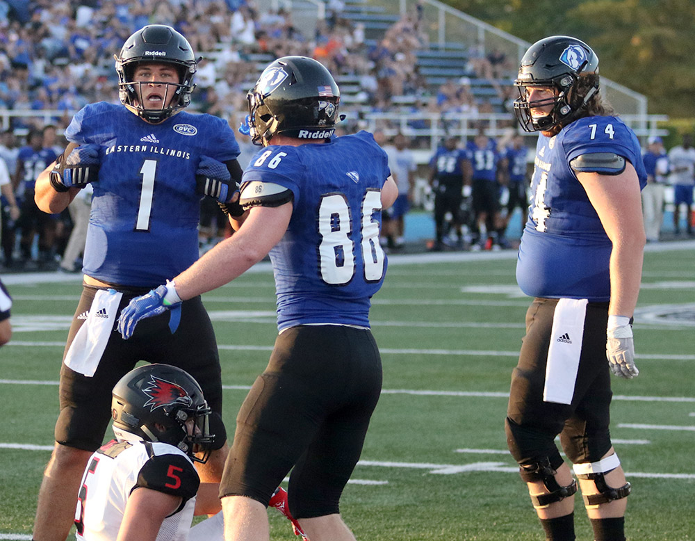 Redshirt freshman quarterback Scotty Gilkey Jr. celebrates a rushing touchdown with James Sheehan and Aaron Callaway in the Panthers’ 19-16 win over Southeast Missouri Saturday at O’Brien Field. Eastern is on the road this weekend to take on 0-1 Tennessee State.