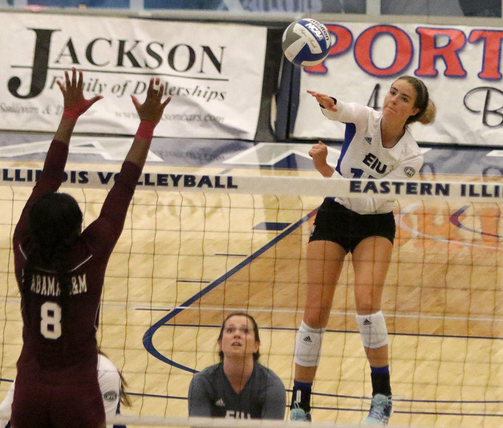 Freshman Laurel Bailey goes up for a kill in the Panthers’ 3-0 win over Alabama A&M Sept. 8 in Lantz Arena. Eastern is still looking for its first OVC win.