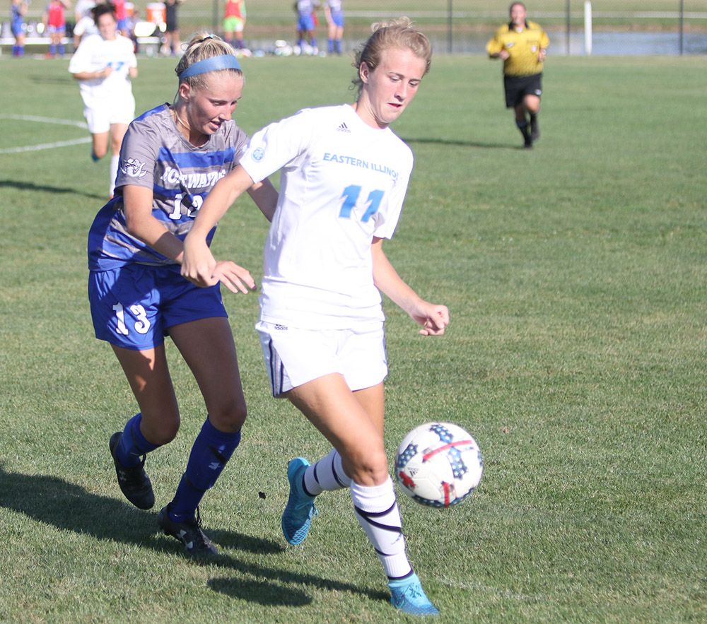 Senior Madi Fisher dribbles past a Fort Wayne player in the Panthers’ 3-2 double overtime win Sept. 8 at Lakeside Field. Eastern continues OVC play this weekend.
