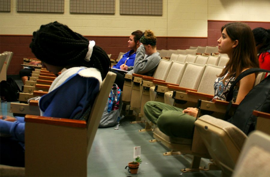 Students sit and watch Stolen Education, which is a documentary, Thursday afternoon in the Buzzard Hall Auditorium.  The documentary is about a school system that mistreated some of their Mexican-American students and was shown as part of the list of events for Latino Heritage Month.