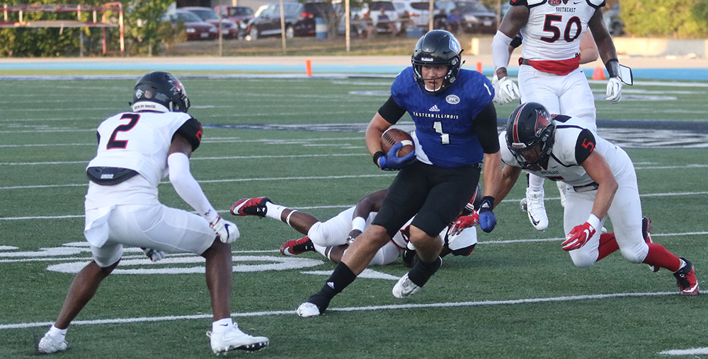Scotty Gilkey Jr. tries to run past a Southeast Missouri defender Sept. 23 at O’Brien Field. Gilkey Jr. scored the game winning touchdown in double overtime Saturday at Tennessee State.